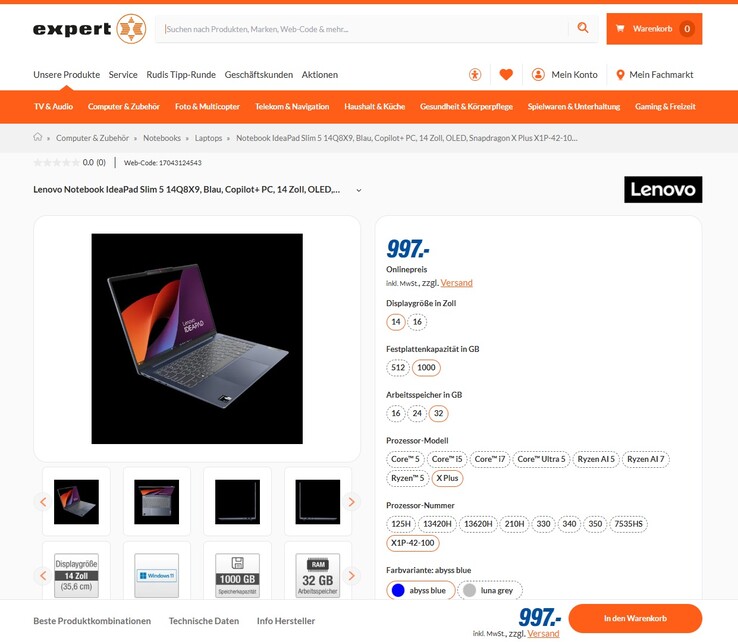 Lenovo IdeaPad Slim 5 14Q8X9 83HL0029GE für 997 Euro.
