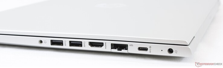 Rechts: kombinierter 3,5-mm-Audioanschluss, 2x USB 3.1 Gen. 1 Typ-A, HDMI 1.4b, Gigabit RJ-45, , USB 3.1 Typ-C mit DP und PD