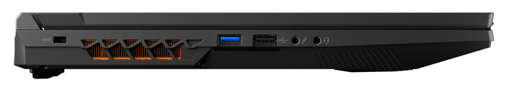 Linke Seite: Steckplatz für ein Kabelschloss, USB 3.2 Gen 1 (USB-A), USB 2.0 (USB-A), Mic-in, Audiokombo