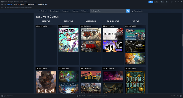Steam erkennt, dass ich Strategie- und Rollenspiele mag, also zeigt mit der Kalender Titel wie Ward of Evil, Veterans: Napoleonic Wars oder Final Fantasy Resonance an.