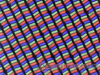 Scharfe RGB-Subpixel aus dem dünnen, glänzenden Overlay. Die Körnigkeit ist minimal
