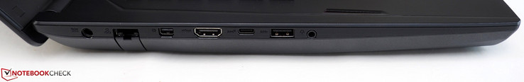 linke Seite: DC-in, RJ45-LAN, Mini DisplayPort, HDMI, USB-C 3.1 Gen2, USB-A 3.0, 3,5 mm Klinke