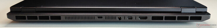 Rückseite: USB-C 4.0 mit Thunderbolt 4 (40 GBit/s, DisplayPort 2.1 via iGPU, 140W Power Delivery), Netzteil, Mini-DisplayPort 2.1 (via dGPU, DP40/UHBR10, VRR/G-Sync), HDMI 2.1 (via dGPU, 48 GBit/s, HDCP 2.3, VRR/G-Sync)