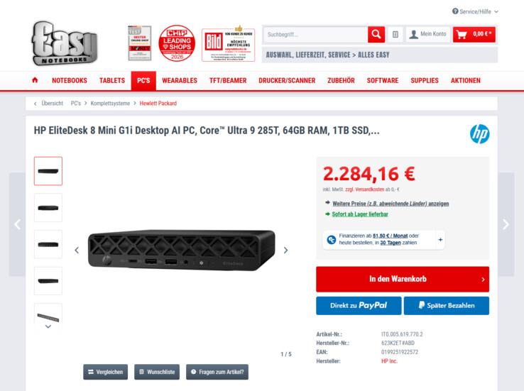 HP Elitedesk 8 G1i 623K2ET für 2.284,16 Euro.