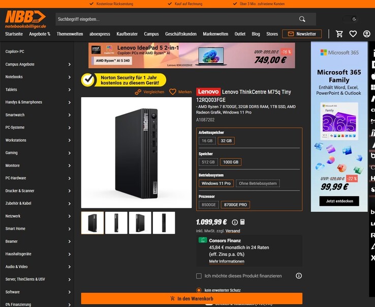 Lenovo ThinkCentre M75q Gen 5 Tiny 12RQ003FGE für 1.099,99 Euro.