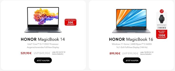 Honor hat das MagicBook 14 und 15 mit Intel Core i5-1135G7 und das Honor MagicBook 16 mit AMD Ryzen 5 5600H im Preis reduziert.