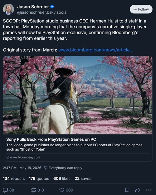 Jason Schreier Bluesky Post über PS5-Exklusives