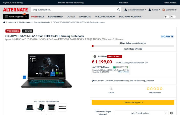 Gigabyte Gaming A16 CWHI3DEC94SH für 1.199 Euro.