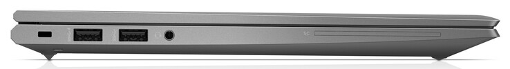 Linke Seite: Kabelschloss, 2x USB-A 3.1 Gen1 (1x Power Delivery), kombinierter Audioanschluss, Smartcard-Lesegerät