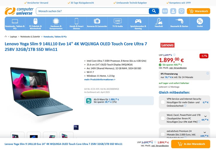 Lenovo Yoga Slim 9 14ILL10 (83CX000WGE) für 1.899 Euro.