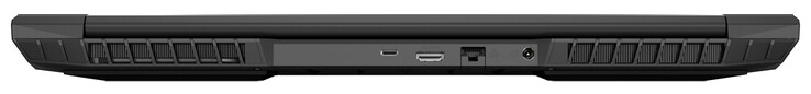 Rückseite: USB 3.2 Gen 2 (Typ C; Displayport 1.4, G-Sync-kompatibel), HDMI 2.1 (HDCP 2.3), Gigabit-Ethernet, Netzanschluss