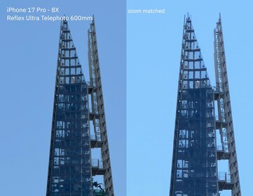 iPhone 17 Pro, 24x verlustfreier Zoom mit dem 300-600mm-Objektiv (links) im Vergleich zu 24x Digitalzoom (rechts)