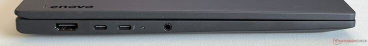Linke Seite: HDMI 2.1, USB-C 3.2 Gen. 1 (5 Gbit/s, DisplayPort 1.2, Power Delivery), USB-C 4.0 mit Thunderbolt 4 (40 Gbit/s, DisplayPort 2.1, Power Delivery), 3,5-mm-Stereoanschluss