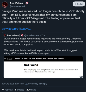 Ana Valens gibt ihren Rücktritt von Vice bekannt (Bildquelle: Screenshot, Ana Valens Bluesky-Account)