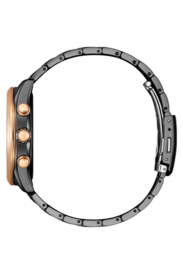 Seitenansicht der Citizen Eco-Drive BY1036-53L mit roségoldfarbener Lünette, Krone und Drückern sowie schwarzem Edelstahlarmband