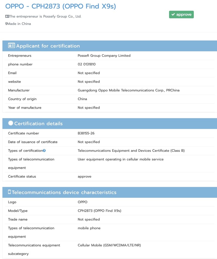 Das Oppo Find X9s hat die NBTC-Zertifizierung erhalten.