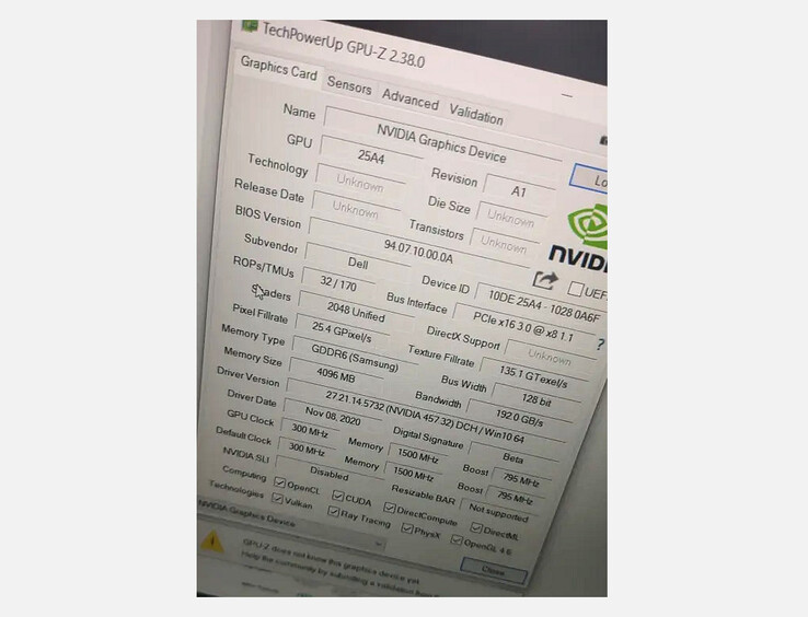 Dieser GPU-Z-Screenshot verrät weitere Details zur mutmaßlichen GeForce RTX 3050 Laptop-GPU. (Bild: Bilibili, via VideoCardz)