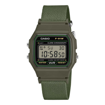 Casio F-91WF-3A Digitaluhr mit schwarzem Gehäuse, grünen Akzenten und gewebtem grünem Stoffarmband
