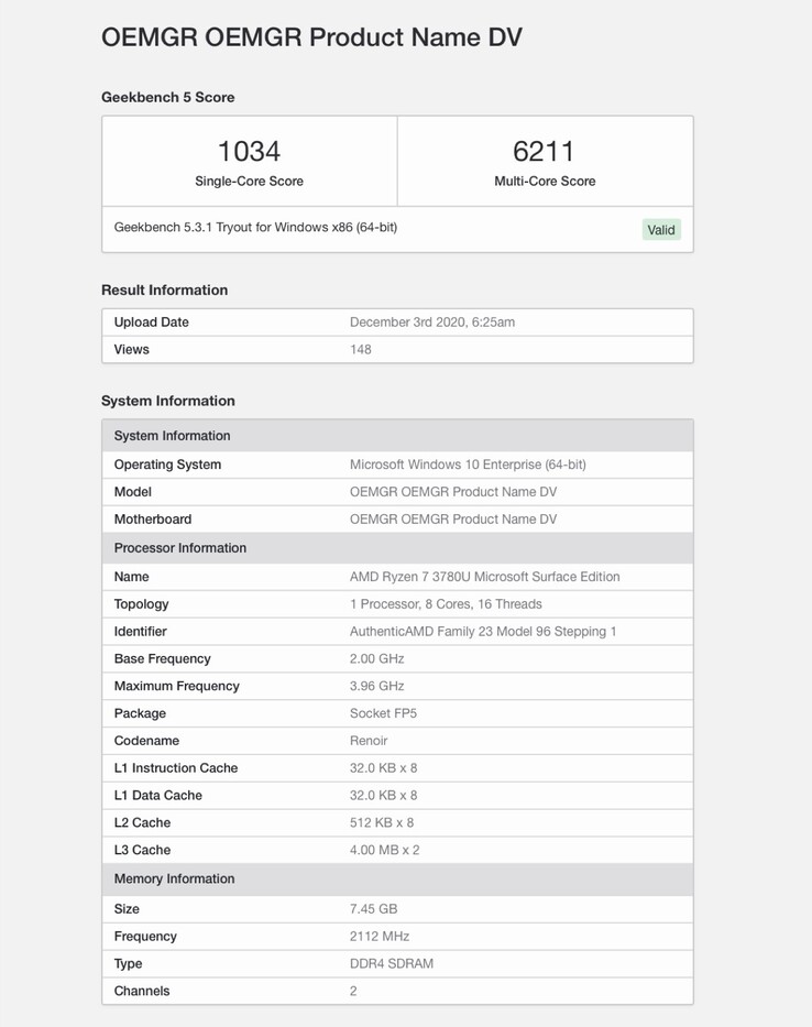 Dieser Geekbench-Eintrag könnte ein erster Hinweis auf den Prozessor des Surface Laptop 4 sein. (Bild: Geekbench)