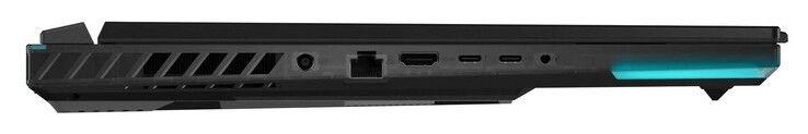 Linke Seite: Netzanschluss, Gigabit-Ethernet (2,5 GBit), HDMI, Thunderbolt 4 (USB-C; Displayport, G-Sync), USB 3.2 Gen 2 (USB-C; Power Delivery, Displayport), Audiokombo
