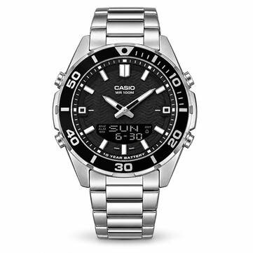 Schwarze Analog-Digital-Uhr mit rundem Resin-Gehäuse, Edelstahlarmband, schwarzer Lünette mit weißen Minutenmarkierungen, nachleuchtenden Stundenmarkierungen und rechteckiger Digitalanzeige auf der 6-Uhr-Position.