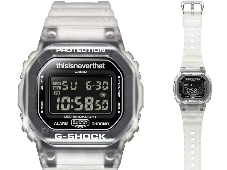 Frontansicht der Casio G-Shock DW-5600TNT-7 mit invertiertem LCD-Display und transluzenter Lünette.