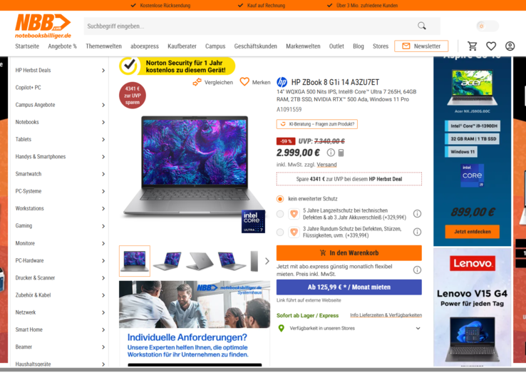 HP ZBook 8 G1i 14 A3ZU7ET für 2.999 Euro.