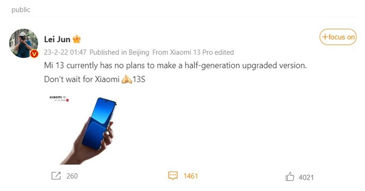 Xiaomi-CEO Lei Jun bestätigt: Eine Zwischenversion namens Xiaomi 13S ist nicht geplant.