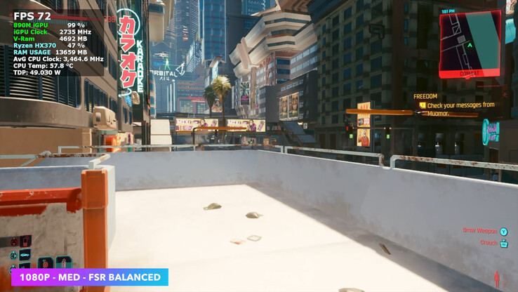 Cyberpunk 2077 läuft auf dem Acemagic Retro X5 bei mittleren Einstellungen mit FSR Balanced mit durchschnittlich 70 FPS