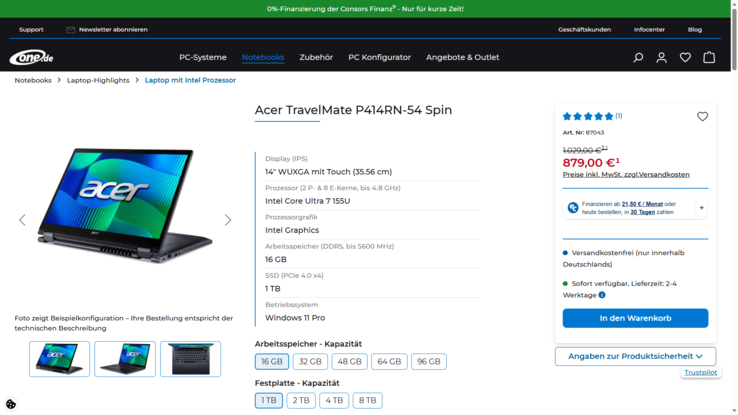 Acer TravelMate P4 Spin 14 TMP414RN-54-TCO-75E6 für 879 Euro.