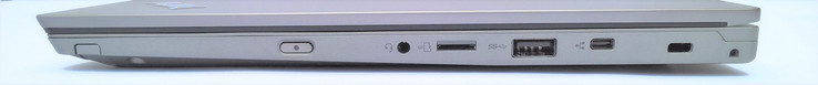 Rechte Seite: Power-Knopf, kombinierter Audioanschluss, MicroSD-Kartenslot, 1x USB 3.0 Typ-A, miniEthernet, Kensington-Lock