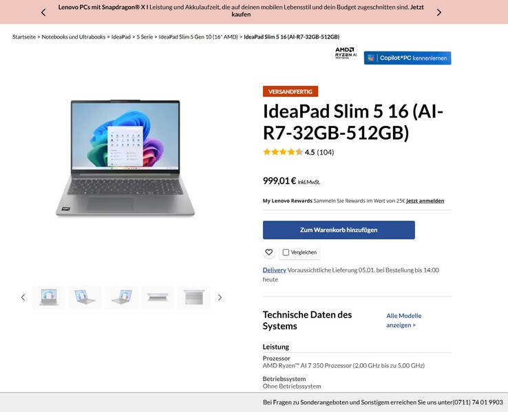 Lenovo IdeaPad Slim 5 16AKP10 (83HY001QGE) für 999,01 Euro.