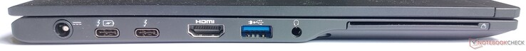 Linke Seite: Netzanschluss, 2x Thunderbolt 3, HDMI, 1x USB Typ-A 3.1 Gen1, 3,5-mm-Klinkenanschluss, Smartcard-Reader