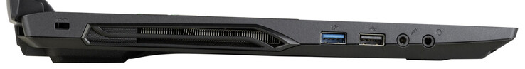 Linke Seite: Steckplatz für ein Kabelschloss, USB 3.2 Gen 1 (Typ A), USB 2.0 (Typ A), Mikrofoneingang, Audiokombo
