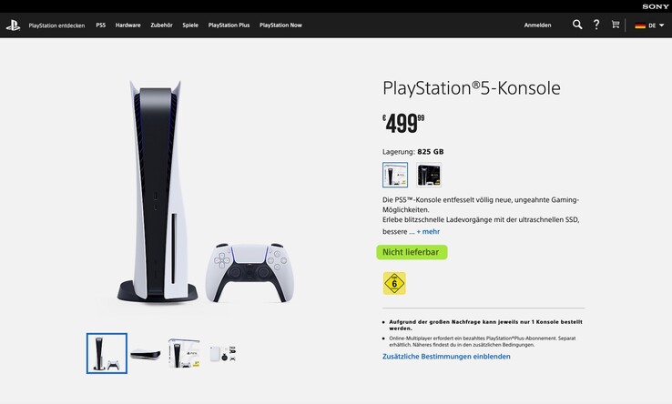Die Sony PlayStation 5 wird jetzt auch über die Webseite des Herstellers angeboten. (Screenshot: Sony)