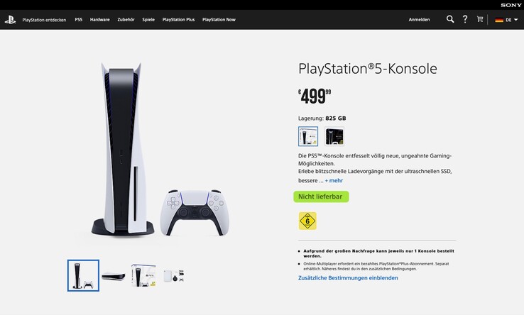 Die Sony PlayStation 5 wird jetzt auch über die Webseite des Herstellers angeboten. (Screenshot: Sony)