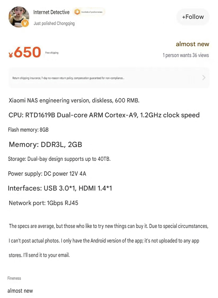 Die angeblichen Specs des Xiaomi-NAS