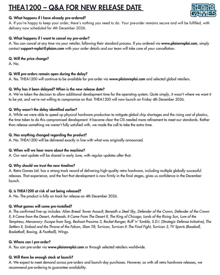 Die Q&A-Liste enthält die aktuellen Fakten zum TheA1200.
