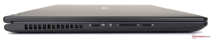 Linke Seite: Lüftungsschlitze, 1x USB 3.1 Typ-C Gen 2, Status LEDs, Lautstärkewippe, Power On