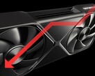 Nvidia RTX 5090 GPU mit einem nach unten gerichteten Pfeil, der einen Leistungsabfall anzeigt.
