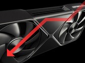 Nvidia RTX 5090 GPU mit einem nach unten gerichteten Pfeil, der einen Leistungsabfall anzeigt.