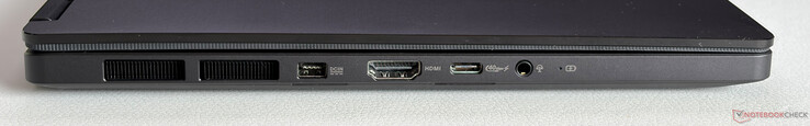 Links: Stromanschluss, HDMI 2.1 FRL, USB-C 4.0 (40 Gbit/s, DisplayPort, Stromversorgung), 3,5-mm-Kopfhörerbuchse