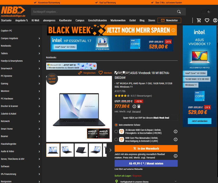 ASUS Vivobook 18 M1807HA-S8026W für 777 Euro.