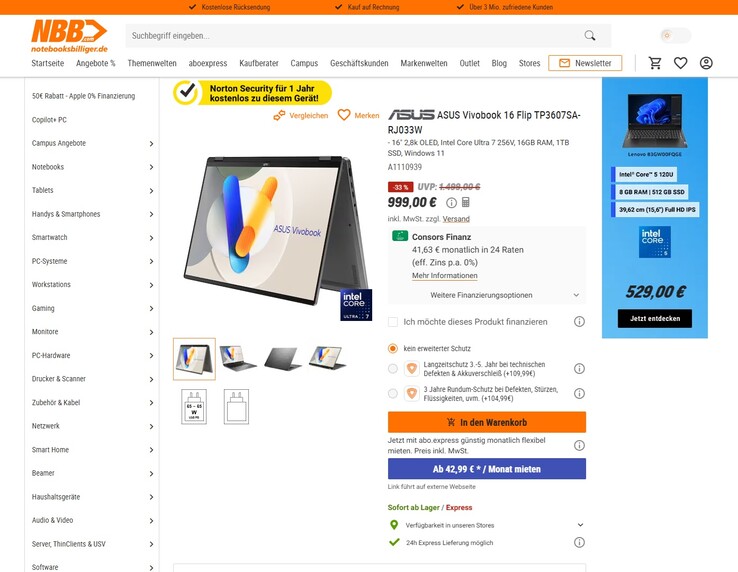 Asus Vivobook 16 Flip TP3607SA-RJ033W für 999 Euro.