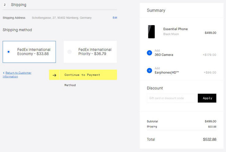 Der Versand des Essential Phone an eine fiktive Adresse in Deutschland.