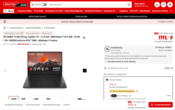 HP Omen 17-db1351ng inklusive XBOX Wireless Controller für 1.111 Euro.