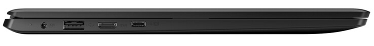 Linke Seite: Netzanschluss, USB 3.2 Gen 1 (Typ A), Mini HDMI, USB 3.2 Gen 1 (Typ C; Displayport-Funktion)