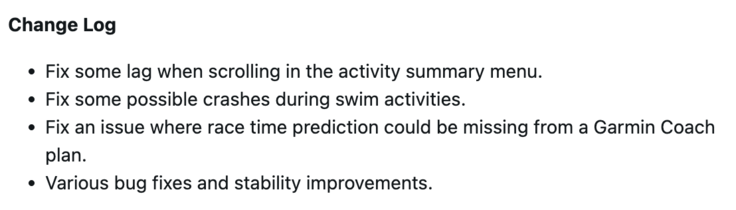 Changelog Software-Version 27.09 für die Garmin Forerunner 255. (Bildquelle: Garmin)