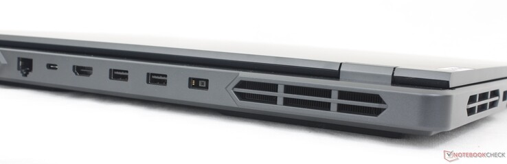 Hinten: RJ-45 (1 GB/s), USB-C 10 GB/s mit 140-W Power Delivery + DisplayPort 1.4, HDMI 2.1 (bis zu 4K60), 2x USB-A 5 GB/s, Netzanschluss