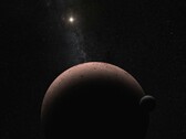 Illustrative Darstellung eines Exoplaneten, seines Mondes und eines Sterns
